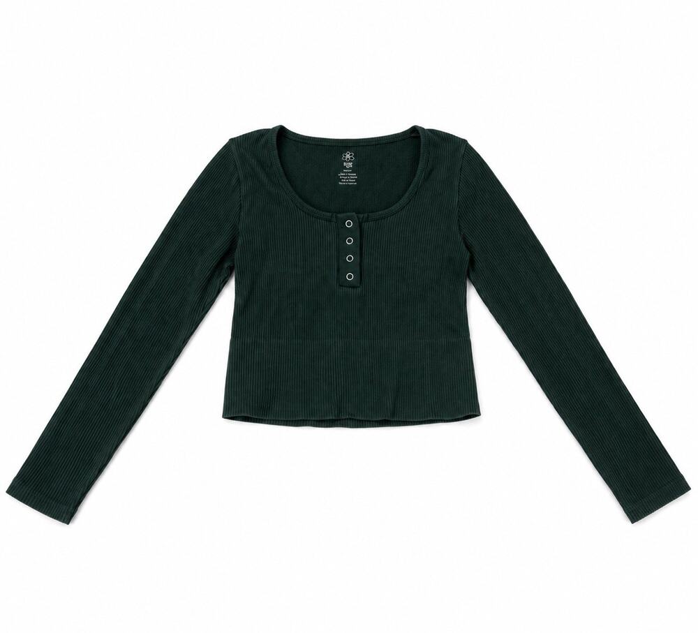 AURA Women’s S/M Green Ribbed Henley Crop Top Long Sleeve Stretch